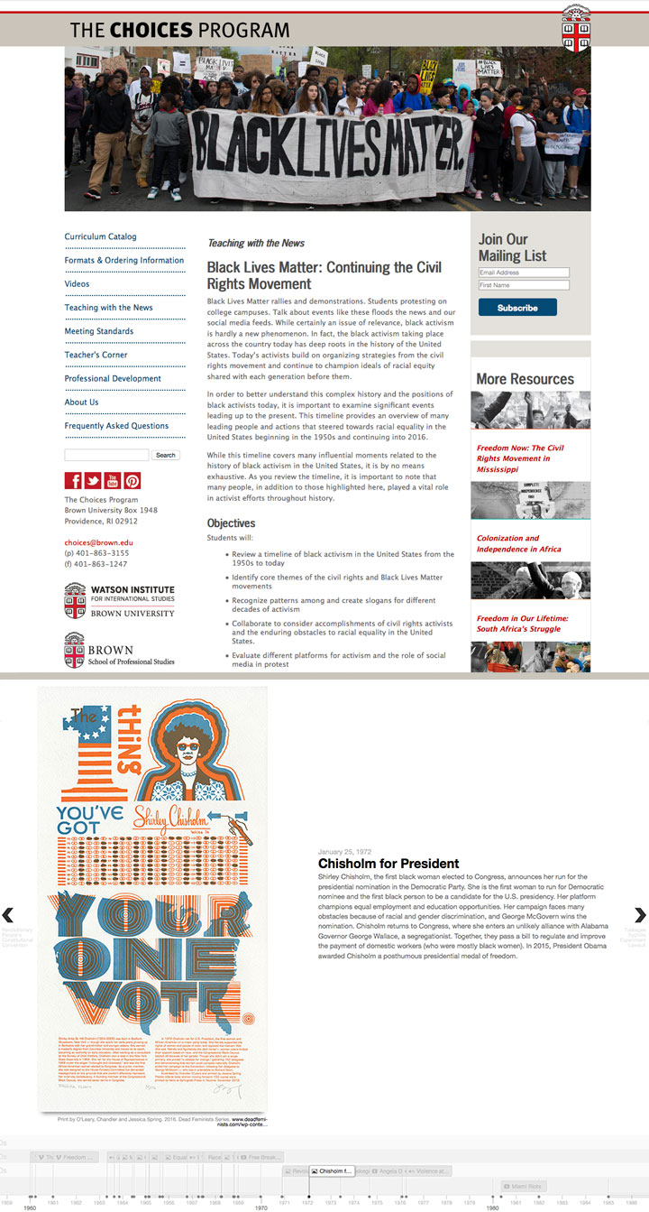 Brown University timeline and curriculum featuring a Dead Feminist broadside by Chandler O'Leary and Jessica Spring