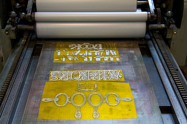 Process photo of "Paper Chase" letterpress broadside by Chandler O'Leary and Jessica Spring