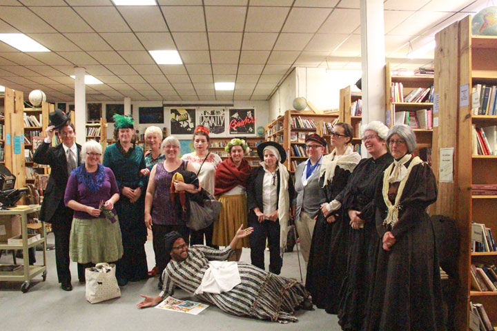 Costumed historical feminists at the Dead Feminists book launch at King's Books in Tacoma, WA. Photo by Eli Gandour-Rood.