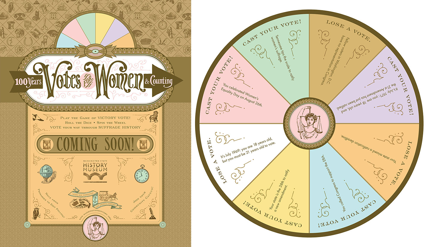 Graphics for "Votes for Women: 100 Years and Counting" exhibition at the Washington State History Museum, designed by Chandler O'Leary and Jessica Spring