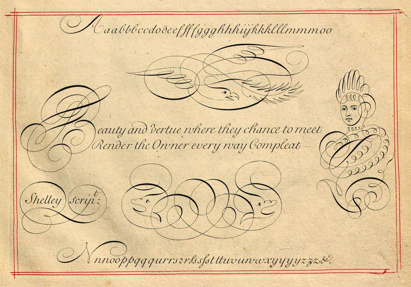 Pen-stroke portraits from a penmanship manual, London, 1705